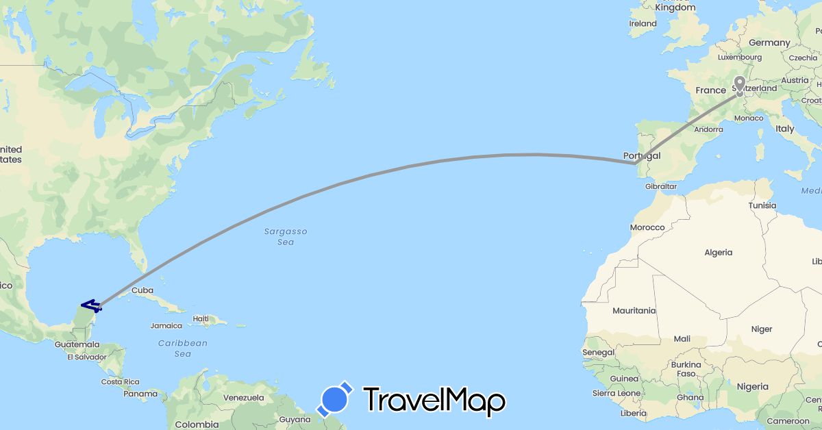 TravelMap itinerary: driving, plane in Switzerland, Mexico, Portugal (Europe, North America)